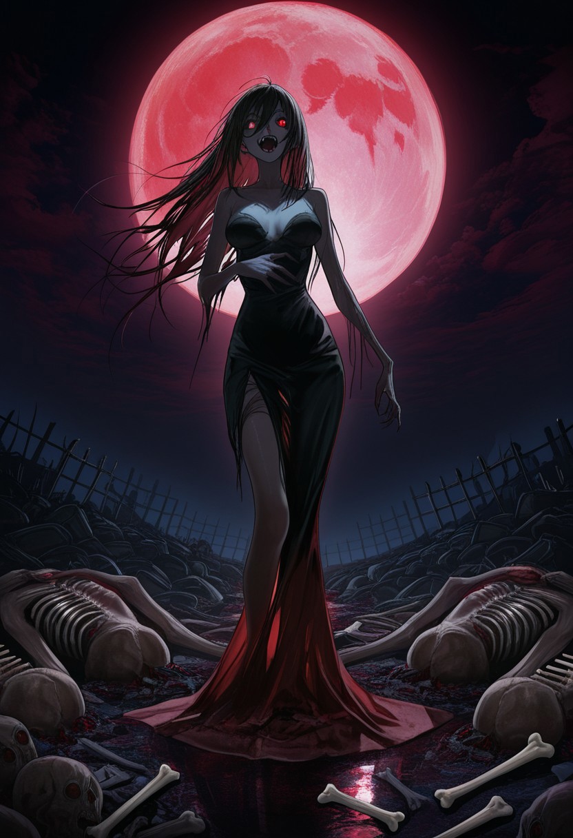 MASTERPIECE, AMAZING QUALITY, 3NDL3SS, DARK, ZOMBIE ABOMINATION, FANGS, CORPSE PILES, BONE SACS, RED MOON
