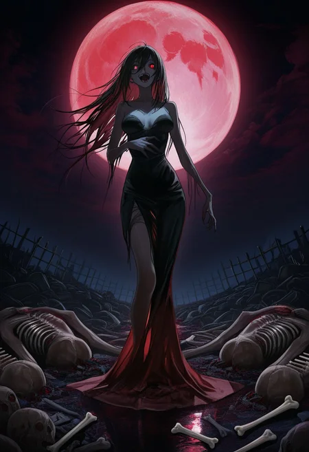 MASTERPIECE, AMAZING QUALITY, 3NDL3SS, DARK, ZOMBIE ABOMINATION, FANGS, CORPSE PILES, BONE SACS, RED MOON