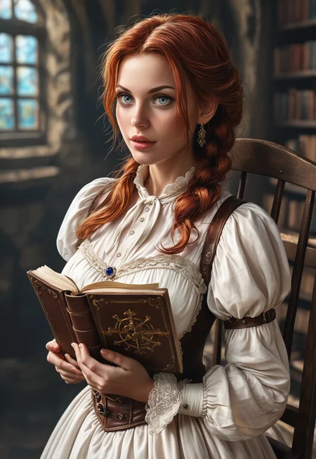 RAW photo, Hyper realistic, realistic photo, masterpiece, stunning, best quality, expression, a highly detailed, young beauty woman, ((style medieval)), elegant medieval dress with lace, curvy body, highly detailed, auburn-haired, dynamic angle, ultraHD
dynamic pose
BREAK
(((full-clothed))), ((simple leather-bound book in hands, old tome in hands))
ancient castle library background
 <lora:add-detail-xl:1>
 <lora:Dynamic Poses:1>
<lora:DandonFuga_Style_v.2_-_Pony:0.8> 