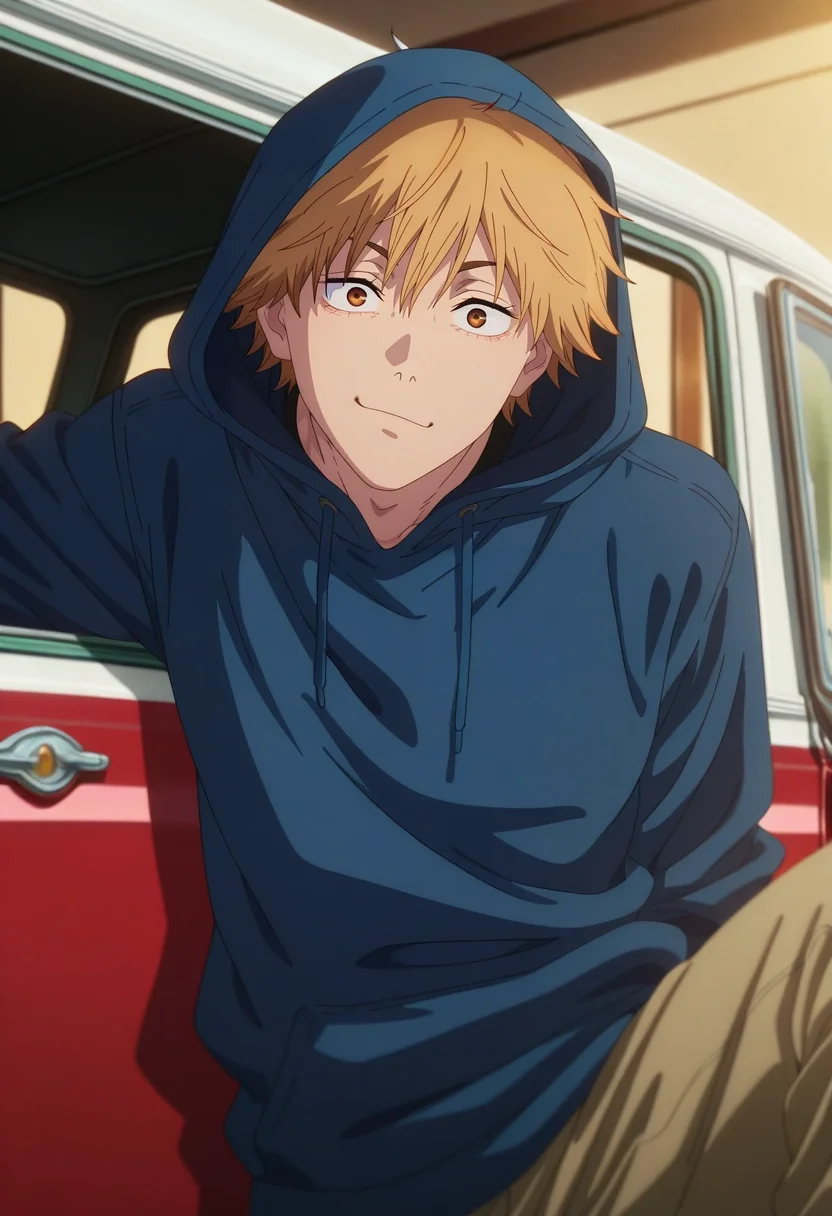 masterpiece, best quality, , anime screencap, , , looking at viewer, 1boy, solo, male focus, <lora:denji_chainsaw_man_ilxl:0.92>, denji_chainsaw_man, blonde hair, brown eyes, short hair, bangs, , vintage car, roadside, leaning against hood, one leg propped up, playful expression, late afternoon light,