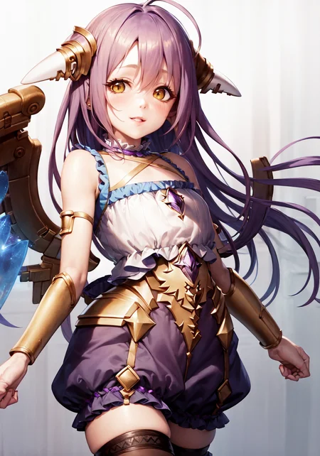 a beautiful masterpiece portrait of (Aenea24:1.2) standing, 1girl, (highres, 4k, 8k wallpaper,) realistic, hyperrealistic, (official art, game cg, cygames, shadowverse), solo, expressive face, realistic face, cute face, long hair, (petite), (cute), petite, best quality, textured clothing, textured skin, ultra-detailed, empty eyes, detailed eyes, expressive face, realistic face, nose, blush, small breasts, cute, 1girl, thighhighs, solo, shorts, wings, sleeveless, bangs, frills, dress, ahoge, gears, choker, armlet, breasts, jewelry, android, headgear, collarbone, robot, shirt, purple hair, long hair, yellow eyes, mechanical wings, looking at viewer, hair ornament, white thighhighs, small breasts, brown eyes, hair between eyes, bare shoulders, v-shaped eyebrows, sleeveless dress, white dress, zettai ryouiki, short dress, (short shorts), (frilled shorts), mechanical arms, parted lips, single mechanical arm, mecha musume, ((puffy shorts)), frilled thighhighs, (blue shorts), science fiction looking at viewer, smile, cinematic lighting, android, full body, straight-on,