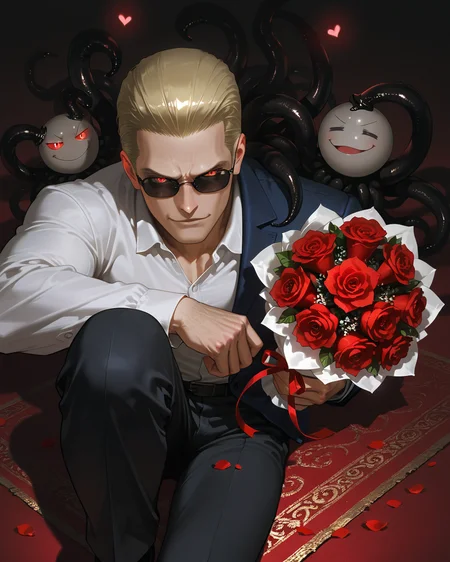 PonyScores7, source_anime, ah1
BREAK <lora:albertwesker-guy-PONYv1:0.8> albertwesker, albert wesker, 1boy, blonde, (sunglasses:1.3), looking at viewer, toned, athletic, fit, slicked back hair, mature male, short hair, (lying bed), (<lora:Indian_First_Night_Bed:0.8> bed, pillow, flower, heart, petals, rose, red flower, carpet, bouquet, red rose, rose petals, ornaments,), ((doyagao, proud, happy, smug, ^ ^, v-shaped eyebrows, = =, closed eyes expression)), (focused, intense glare), (reddish orange eyes, slit pupils), (angular face, sharp_featured face), handsome, charming, alluring,  <lora:MC_superhuman:0.2> ((black tentacles, black tendrils))
BREAK <lora:xl_more_art-full_v1:0.2>, <lora:shinyskin2:0.2> glistening skin, <lora:aesthetic_anime_v1s:0.2>, <lora:Expressive_H:0.2> Expressiveh, <lora:hairdetailpxl:0.2> hairdetailpxl, <lora:EpicF4nta5yXL:0.2>, <lora:detailxl:0.2> detailxl, <lora:Fant5yP0ny:0.2>, best quality, amazing quality, best aesthetic, absurdres, <lora:expressive eyes:0.2> expressive eyes, <lora:eyedetailpxl:0.2> eyedetailpxl, illustration, Volumetric_Lighting, ultra-detailed, very aesthetic, intricate details, 8k, masterpiece, best_quality
BREAK (High Angle (from the side) view Close shot (focus on knees))
BREAK <lora:Eyes_High_Definition:0.3> EyesHD, Stable_Yogis_PDXL_Positives, AS-Adult, <lora:Complicated fantasy portrait - XL Pony V2.0:0.4>, bad-hands-5, AS-MidAged,