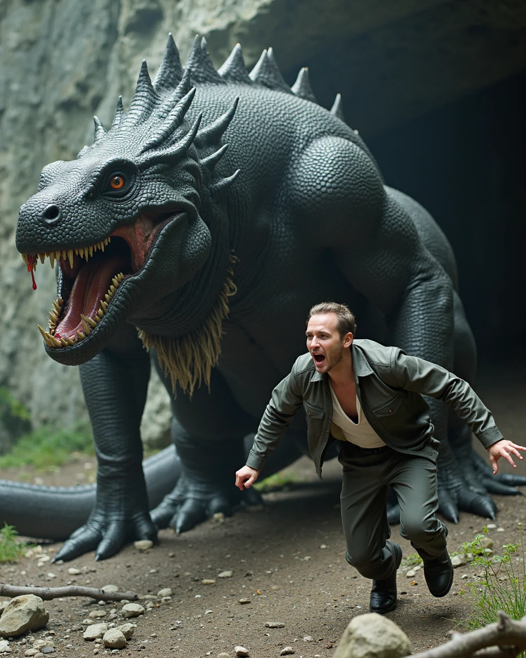 35mm photo of a man screaming and running from a giant reptilian monster with jet black scales and large fangs with saliva dripping from it's mouth, fantasy photo, highly detailed scales, fantasy art
