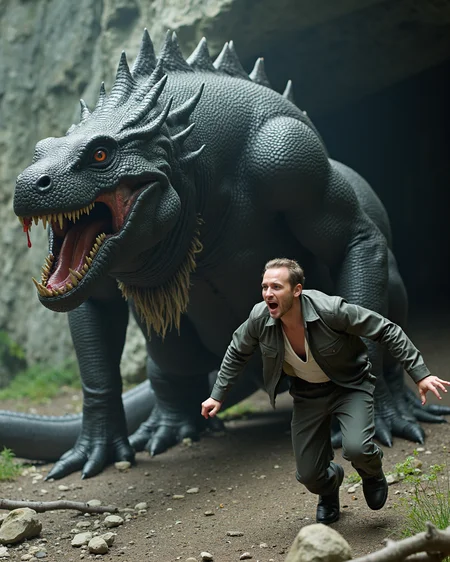 35mm photo of a man screaming and running from a giant reptilian monster with jet black scales and large fangs with saliva dripping from it's mouth, fantasy photo, highly detailed scales, fantasy art