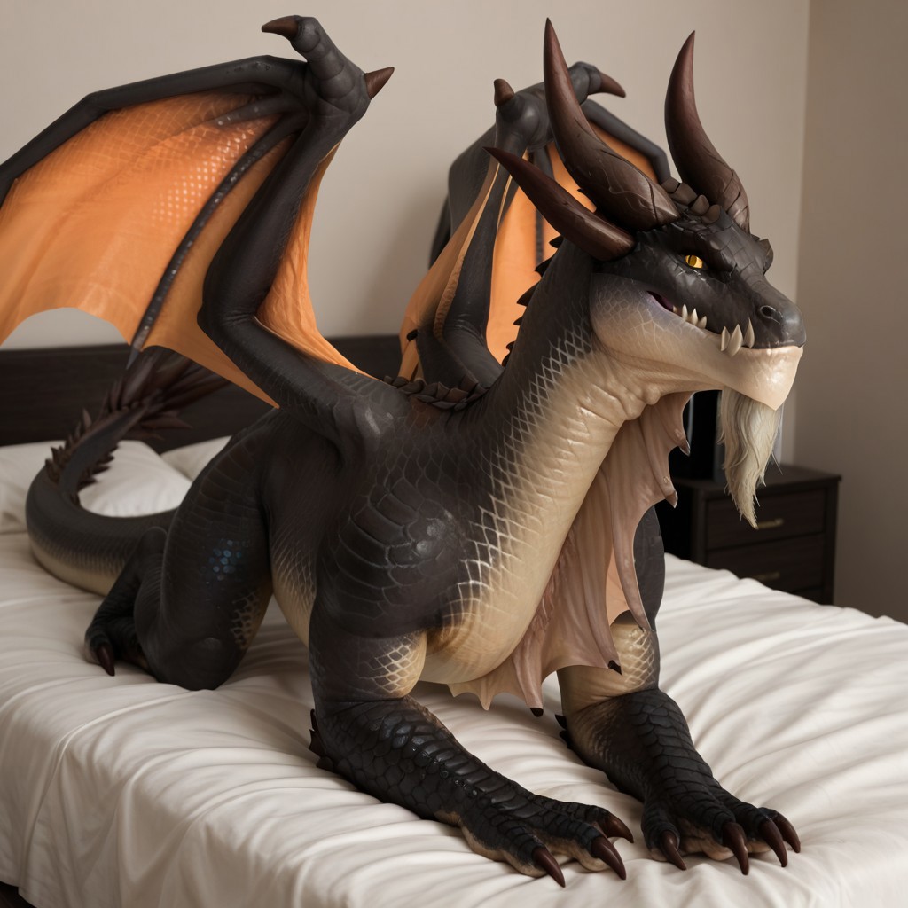 score_9, score_8_up, score_7_up, score_6_up, score_5_up, score_4_up, masterpiece, high quality, realistic, detailed, best quality, white bed, solo, rating_safe, source_furry, bedroom, smiling, seductive pose, lying on belly, looking at viewer, on bed, full body, ebyssian_wc, dragon, black scales, orange wings, horns, tail, tail end, claws, male, 1boy, yellow sclera, black pupils, chest fins, feral