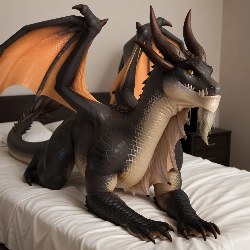 score_9, score_8_up, score_7_up, score_6_up, score_5_up, score_4_up, masterpiece, high quality, realistic, detailed, best quality, white bed, solo, rating_safe, source_furry, bedroom, smiling, seductive pose, lying on belly, looking at viewer, on bed, full body, ebyssian_wc, dragon, black scales, orange wings, horns, tail, tail end, claws, male, 1boy, yellow sclera, black pupils, chest fins, feral