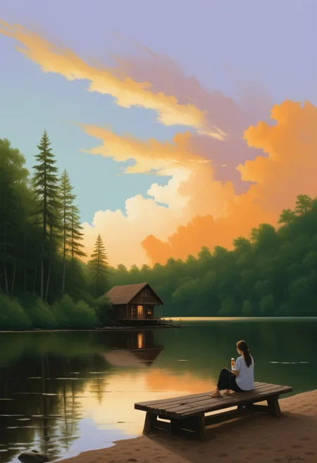 A serene atmosphere: a woman sits on a weathered bench overlooking a tranquil river beach, surrounded by lush greenery and towering trees. A wooden cabin stands in the distance, softly reflected on the calm water. A warm gradient sky with orangish hues and fluffy clouds dances above, while the woman sips refreshing cola from a bottle in her hand, photograph taken with Kodak portra 400 35mm color film, style, masterpiece, high resolution, ultra detailed