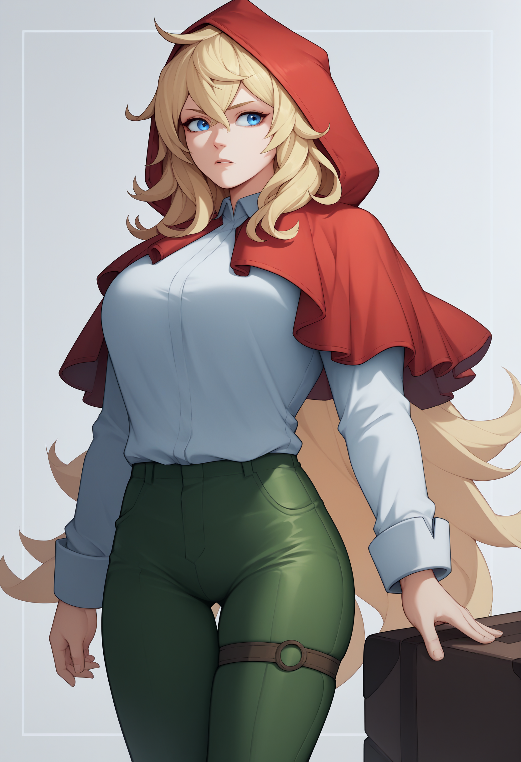 score_9, score_8_up, score_7_up, source_anime BREAK 1girl, solo, <lora:grimm-rh-richy-v1_pdxl:1> grimm, blonde hair, blue eyes, red hood, red capelet, white shirt, green pants, thigh strap