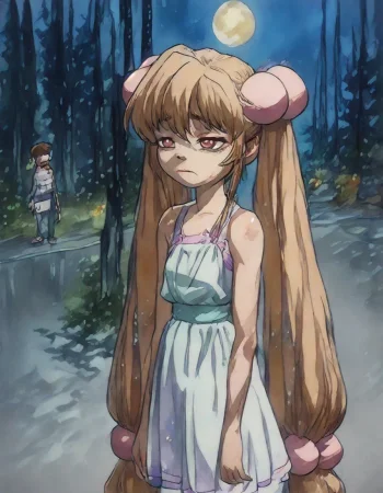 nsfw, highres, best quality, masterpiece, sad,1girl,Night has fallen,casting a dim and tranquil light. Two figures are side - by - side along a pathway. One person affectionately has their arm around the other,suggesting a close bond and companionship. The surrounding trees stand silently,creating a natural enclosure. In the distance,streetlights glow faintly,adding a touch of warmth to the nocturnal scene. Other people can be vaguely seen,further emphasizing the peaceful and ordinary yet endearing nature of this moment.,dress,Medium length skirt,in summer,moon,1boy,The back of the person,back,watercolor \(medium\),, g0thic, neon,, Vintage, 1990s \\(style\\), ArsMJStyle, Colored pencil hyperdetailed realism, Rin Kokonoe, Very long light brown hair styled in twin tails, Pink spherical hair ties, Large expressive brown eyes, Petite, childlike stature, Light-colored sundress with frilled edges, Playful and mischievous expression, kokonoe rin
