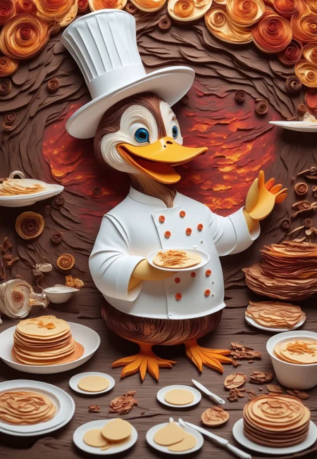 Paper quilling, layered paper. (A duck in a chef's hat trying to flip pancakes, with one stuck to its quilled face). (Background: a paper kitchen, complete with quilled syrup and a tiny paper fire alarm going off).

4k, high quality, masterpiece, 

