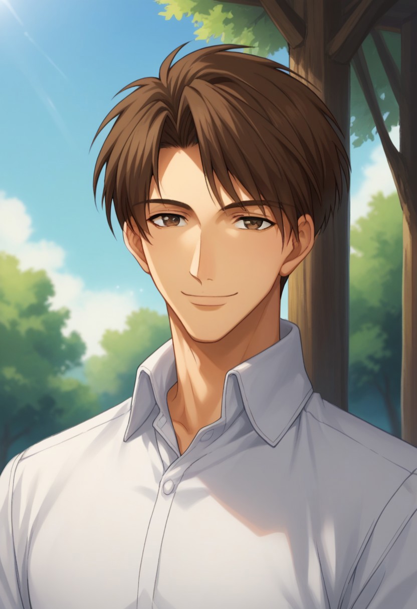 score_9, score_8_up, score_7_up, source_anime, highly detailed, 
conradweller, 1boy, male focus, solo, brown hair, brown eyes, shirt, smile, looking at viewer,
white shirt, collared shirt, blue t-shirt, upper body,
outdoor, sky, tree