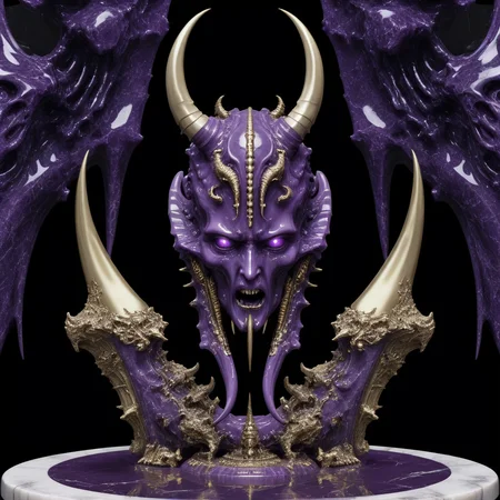 <lora:Chaos_Warfleet_-_Warhammer_40000_SDXL:1>chaoswarfleet, purple battleship,space,warp,distortion,nightmare,mirrors,curved blades,grace,elegance,marble statues,black long tongues,pincers,Ñheers,horns,hooves,insect eyes,columns,screaming faces,onyx,decorations,silver,gold,engraving,minting,marble,decor,curved shapes,
