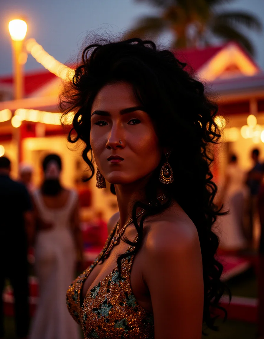 Groovy heavyset Indian ral-smlfcs, background, at Dusk, Wide view, <lora:ral-smlfcs-flux-000010:1>, handsome, sharp focus, highly contrasted, perfect symmetry, creative, best, glossy, polished, contemporary, dynamic, theatrical