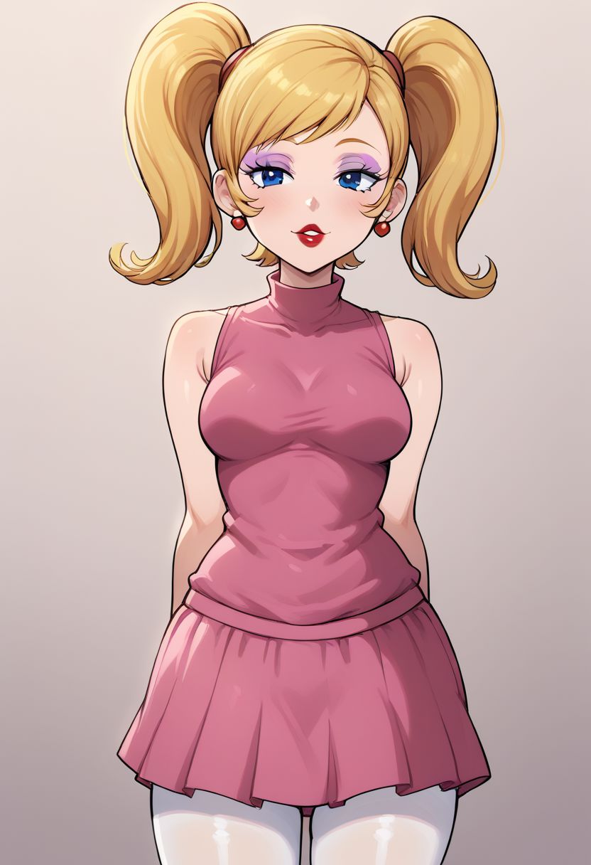 solo, Candi (Dexter's Laboratory), blonde, light purple eyeshadow, red lipstick, baby blue eyes, twintails, pink shirt, sleeveless, pink skirt, white pantyhose, Expressiveh, syuro, standing,
