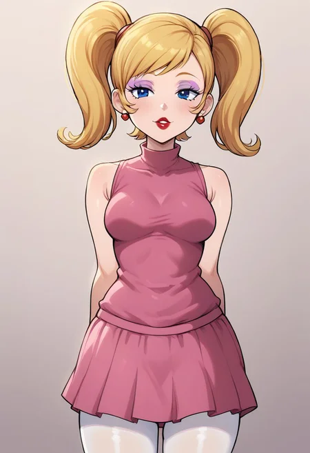 solo, Candi (Dexter's Laboratory), blonde, light purple eyeshadow, red lipstick, baby blue eyes, twintails, pink shirt, sleeveless, pink skirt, white pantyhose, Expressiveh, syuro, standing,