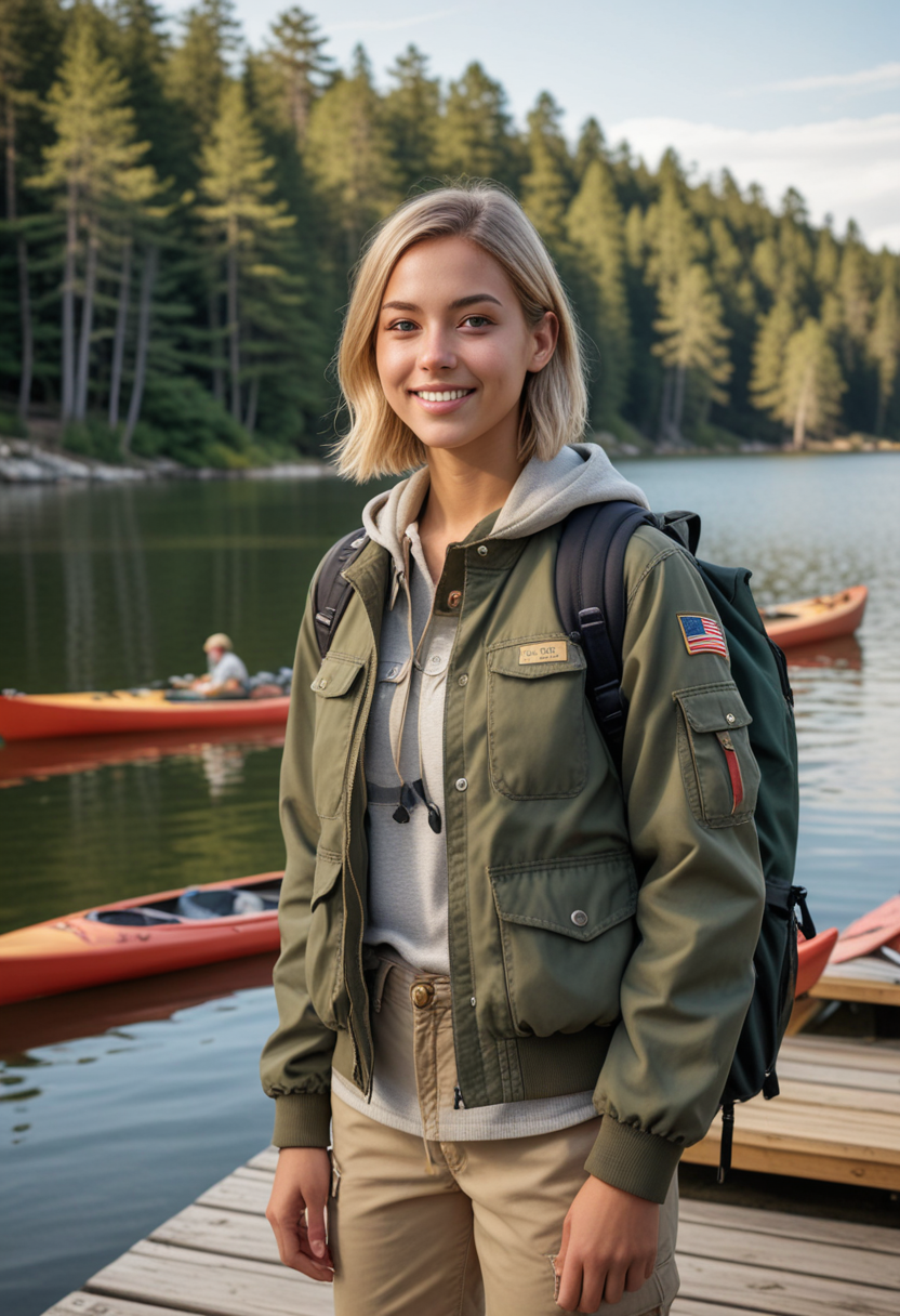 (medium full shot) of (energetic scout) young woman, arabian, tan skin, olive green eyes, Average build, medium blonde inverted bob hair, wearing clean scout jacket, cargo pants, sturdy shoes, backpack, set in  lakeside with calm waters reflecting the sky, a wooden dock extending into the lake, canoes and kayaks lined up on the shore, picnic tables nearby, ducks swimming lazily, smiling, Masterpiece,best quality, photo, realistic, very aesthetic, detailed face,