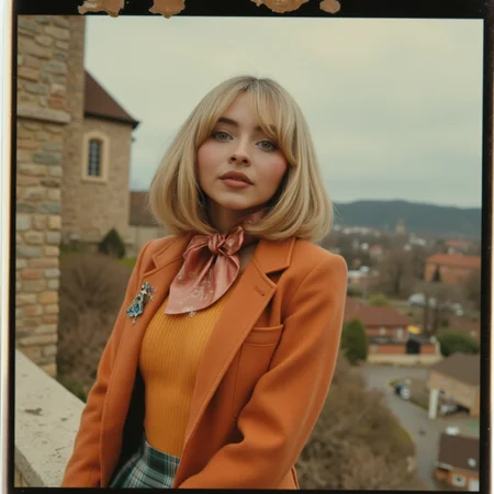 Faded Polaroid Photo, analog film photo <lora:AshleyR4:0.8> a close up, a candid,  half body shot, close up shot,  aslx, costume, aslx, a woman wearing an ashley graham costume with orange jacket, plaid skirt,  blond hair styled in a bob, she's in creepy town, leaning on a wall, ultra detailed, ultra realistic, ultra quality, cinematic, cinematic lighting, ultra detailed  <lora:SAbrina Carpenter-V1x1:1> s4br1n4c . faded film, desaturated, 35mm photo, grainy, vignette, vintage, Kodachrome, Lomography, stained, highly detailed, found footage, analog, old faded photo, old polaroid, RAW candid cinema, 16mm, color graded portra 400 film, remarkable color, ultra realistic, textured skin, remarkable detailed pupils, realistic dull skin noise, visible skin detail, skin fuzz, dry skin, shot with cinematic camera