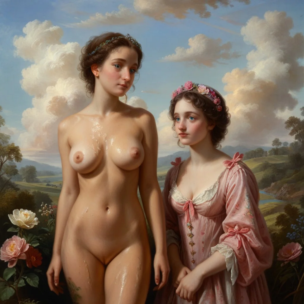 (Oil painting, score_9, score_8_up, rating_safe, source_western), multiple girls, large breasts, nude, detailed eyes, shy, looking at sky, magical meadow