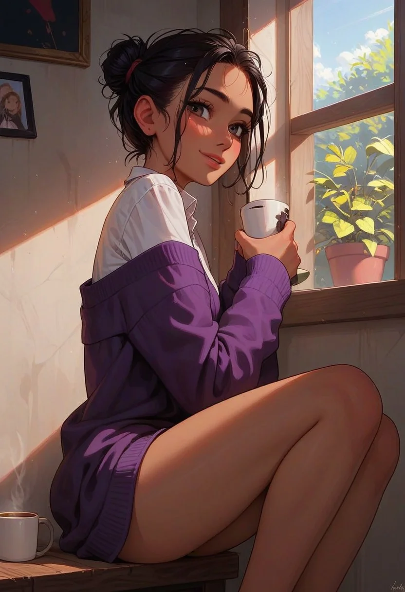 score_9_up, score_8_up, score_7_up, score_6_up, 1girl, 25 years old, perfect face, petite, adult,
dark eyes, black hair, African, dark skin, hair bun, double bun, messy hair,
white shirt, purple cardigan, off shoulder,
from behind, sitting in window, knees up, windowsill, sunlight, thinking, lonely, warm lighting, coffee, holding coffee, looking back, shy smile,