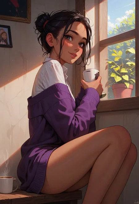 score_9_up, score_8_up, score_7_up, score_6_up, 1girl, 25 years old, perfect face,  petite, adult, 
dark eyes, black hair, African, dark skin, hair bun, double bun, messy hair,
white shirt, purple cardigan, off shoulder, 
from behind, sitting in window, knees up, windowsill, sunlight, thinking, lonely, warm lighting, coffee, holding coffee, looking back,  shy smile,