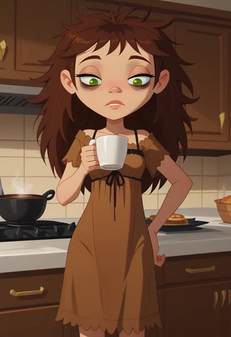 score_9, score_8_up, score_7_up, 1girl, solo,
brown hair, green eyes, hair down, long hair,
perfect hands, show accurate, perfect anatomy, med body,
indoors, small perky breasts, kitchen, hand on hip, loose clothing, wear only lace nightgown, holding a cup of coffee in hand, sleepy eyes, bags under eyes, loose clothes,