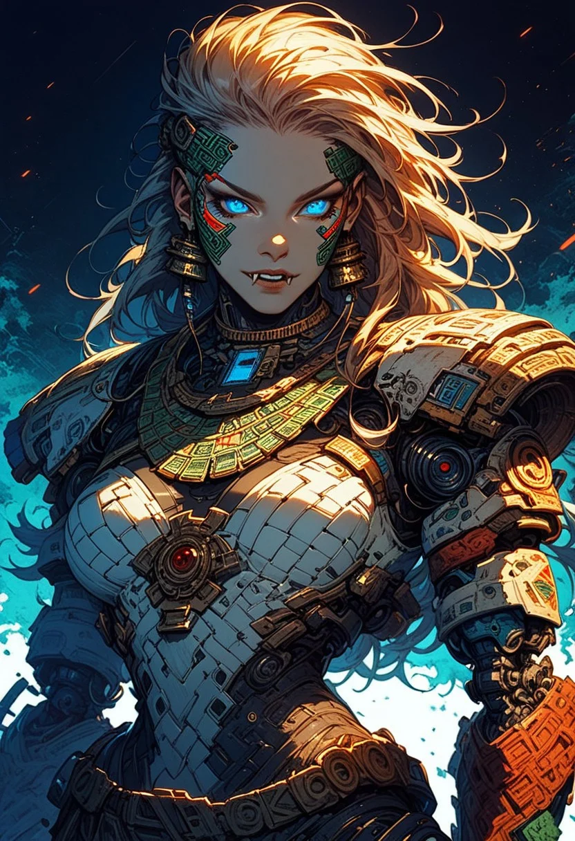 score_9,score_8_up,score_7_up, solo, 1 girl, Ellie Buckingham, blue eyes, bright blue eyes, bright blond hair, white armour,neon background, glowing, glowing blue eyes, , red ornaments, fangs,robot, aztec, mecha, aztec god, aztec outfit, cyberpunk outfit, soldier, heavy weaponized, aztec warrior, aztec tatoos, aztec warpaint, macuahuitl, science fiction, cyborg, mechanical parts, humanoid robot, bulky, sinozick style, flat color, dark theme, cowboy shot, Expressiveh
1 girl, outside, cowboy shot, waist high view
