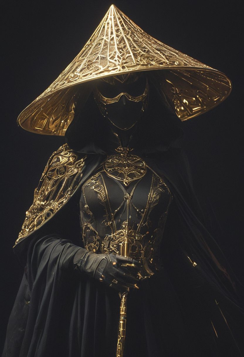 DARK Sci-fi rococo Style - Adorned in a mask and cape reminiscent of D'Artagnan's era, a skilled cyborg knightess resembling the girl with the pearl earrings, weathered gold and wooden armor sun-bleached, her eyes gleaming with triumph. holding a radiant translucent glowing surreal beige orbstaff, adorned with a towering neon translucente sss sedge hat veiling her face, her metallic intricacies faintly aglow in translucent dark bleaked neon,
creating a hyperpunk scene with desaturated dark rgb spectral neon and translucent black details, colorful (polaroid:0.7) with vibrant colors, (vacations, high resolution:1.3), (small, selective focus, european film:1.2), (sexual advance:1.1), closeup