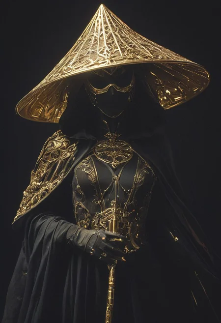 DARK Sci-fi rococo Style - Adorned in a mask and cape reminiscent of D'Artagnan's era, a skilled cyborg knightess resembling the girl with the pearl earrings, weathered gold and wooden armor sun-bleached, her eyes gleaming with triumph. holding a radiant translucent glowing surreal beige orbstaff, adorned with a towering neon translucente sss sedge hat veiling her face, her metallic intricacies faintly aglow in translucent dark bleaked neon,
creating a hyperpunk scene with desaturated dark rgb spectral neon and translucent black details, colorful (polaroid:0.7) with vibrant colors, (vacations, high resolution:1.3), (small, selective focus, european film:1.2), (sexual advance:1.1), closeup
