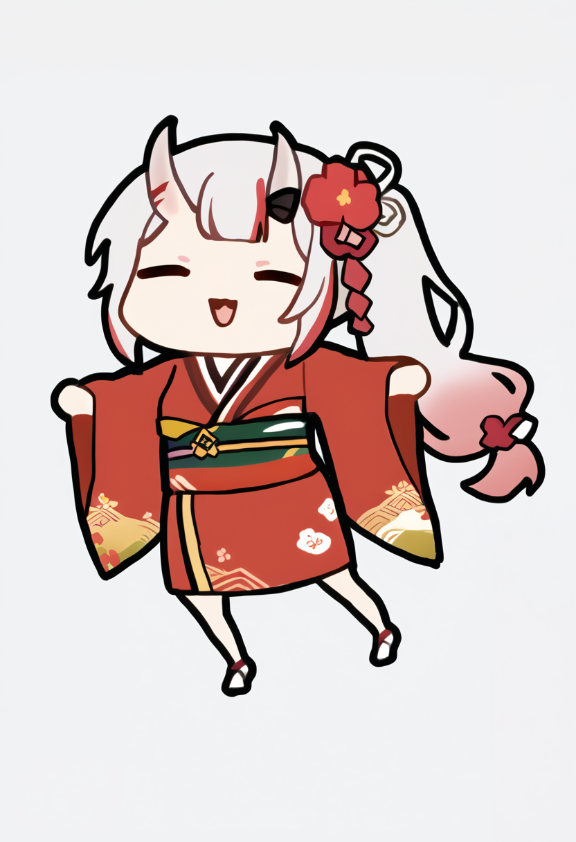 score_9, score_7_up, <break> chibi, simple background, white background, full body, solo, 1girl, AyameNewYears, excited, open mouth, outstretched arms, closed eyes, oni horns, long hair, side ponytail, red kimono, floral print, hair flower, sash, haori