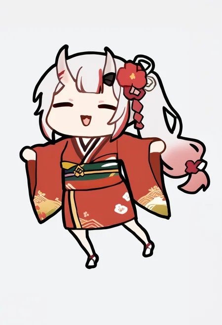 score_9, score_7_up, <break> chibi, simple background, white background, full body, solo, 1girl, AyameNewYears, excited, open mouth, outstretched arms, closed eyes, oni horns, long hair, side ponytail, red kimono, floral print, hair flower, sash, haori