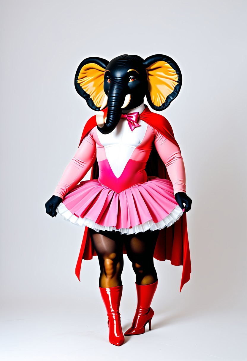 Furry, elephant, pachyderm, daddy, muscle, tall, effeminate, sissy, discrete bulge, crinoline, ballet, gold, tutu, crossdresser, transvestite, pantyhose, petticoats, graceful, sensual, pretty, delicate, cute, brown, pleated skirt, leotard, long-sleeve bodysuit, satin cape, knee-high flat-heeled riding boots, full body, no background, smiling, traditional, HD, hyper realistic, Ue5