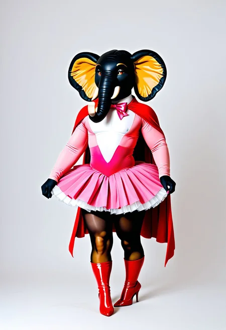 Furry, elephant, pachyderm, daddy, muscle, tall, effeminate, sissy, discrete bulge, crinoline, ballet, gold, tutu, crossdresser, transvestite, pantyhose, petticoats, graceful, sensual, pretty, delicate, cute, brown, pleated skirt, leotard, long-sleeve bodysuit, satin cape, knee-high flat-heeled riding boots, full body, no background, smiling, traditional, HD, hyper realistic, Ue5