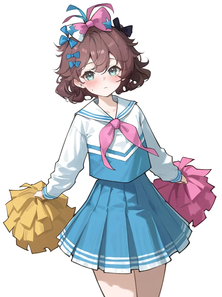 1girl,solo,blush,looking at viewer,simple background,white background,,cowboy shot,flutterpage,cheerleader,<lora:flutterpage-000015:0.8>, masterpiece, best quality, very aesthetic, absurdres