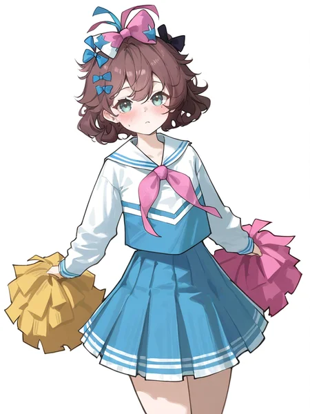 1girl,solo,blush,looking at viewer,simple background,white background,,cowboy shot,flutterpage,cheerleader,<lora:flutterpage-000015:0.8>, masterpiece, best quality, very aesthetic, absurdres