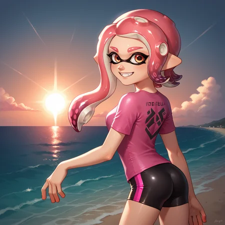 score_9_up,score_8_up,1girl,solo,ocean,beach,splatoon inkling,pink tentacle hair,amazing composition,incredible lighting,smiling,beautiful sunset,detailed background,<lora:SplatoonInkling_PD_v030:1>,pink shirt,<lora:Smooth Anime 2 Style SDXL_LoRA_Pony Diffusion V6 XL:1>,spandex shorts,spandex shirt,pose,abstract,<lora:GlitterStyle_pony:0.5>,glitterstyle,