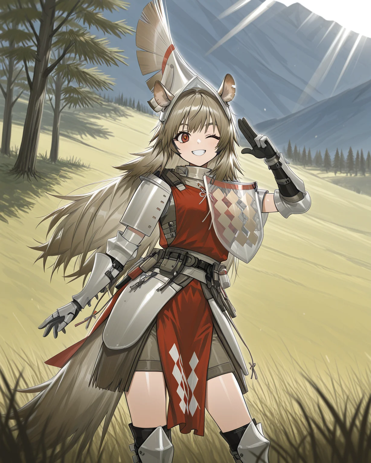 masterpiece, best quality, beautiful accurate depth-of-field, 1girl, dynamic shot, w1ldman3AK, WMAK helmet, WMAK Armor, WMAK gauntlets, WMAK boots, horse ears, horse ears, horse tail, tagged ear, red eyes, very-long hair, leaning forwards, contrapposto, winking, salute, grin, outdoors, sunlight, grass, mountains, trees