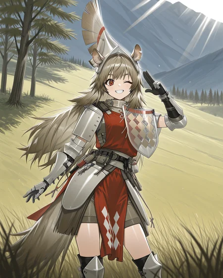masterpiece, best quality, beautiful accurate depth-of-field, 1girl, dynamic shot, w1ldman3AK, WMAK helmet, WMAK Armor, WMAK gauntlets, WMAK boots, horse ears, horse ears, horse tail, tagged ear, red eyes, very-long hair, leaning forwards, contrapposto, winking, salute, grin, outdoors, sunlight, grass, mountains, trees