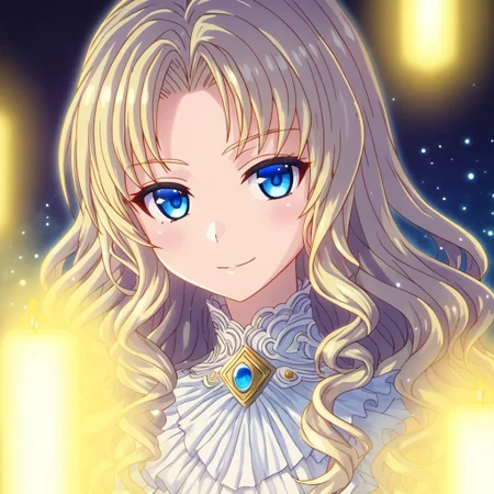 mana_sk style, portrait, focus on face, an elegant noblewoman with long platinum blonde hair styled in loose waves and icy blue eyes, wearing a jeweled choker and a high-collared gown, an air of confidence and subtle smirk, soft candlelight casting a golden glow on her face, Japanese RPG style, regal and poised atmosphere, intricate details on her jewelry and gown