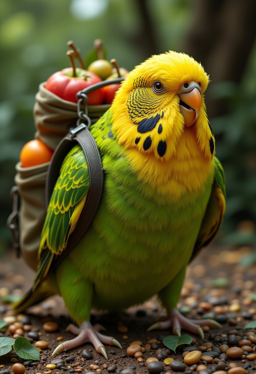 The Image features a strong and muscular budgie with black patterns. On his Back  is a Backpack filled with Seeds and Fruits. ultrarealistic and detailed. UHD. 8K