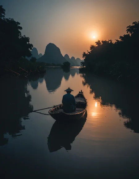 cinematic photo An old Yangshuo cormorant fisherman on his bamboo boat lit by a lantern fishing in the distant waters at night, zavy-cnmtc, photo, award winning photo, 8k, orange and blue tones, 35mm photograph, film, bokeh, professional, 4k, highly detailed