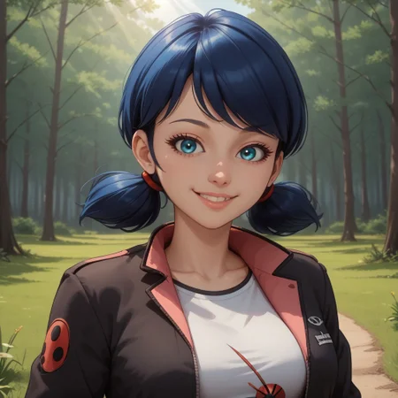 score_9, score_8, BREAK, solo, Marinette_Dupain_Cheng_(Miraculous_Ladybug), 1girl, dark blue hair, blue eyes, low pigtails, black jacket, white shirt, pink jeans, tight jeans, beige sandals, self portrait, smile, looking at viewer, outdoors, sunlight, shadows, evening lighting, natural lighting, forest, trees, grass, orange sky, sunset