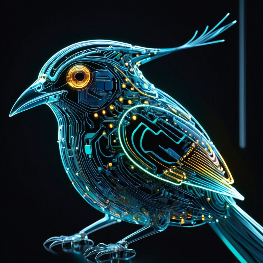 holotech bird, made of glass, colorful, ultra detailed, circuits, glowing