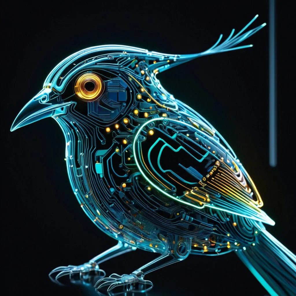 holotech bird, made of glass, colorful, ultra detailed, circuits, glowing