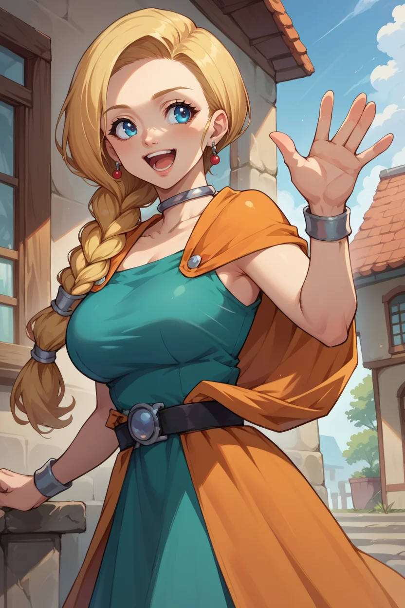 score_9, score_8_up, score_7_up, source_anime BREAK 1girl, solo, <lora:dqbianca-pdxl-nvwls-v1:1> dqBianca, single braid, hair over shoulder, earrings, choker, orange cape, green dress, belt, (large breasts:0.8), happy, open mouth, waving, blue sky, looking to the side, from side