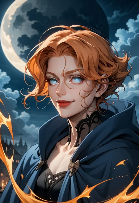 score_9, score_8_up, score_7_up, score_6_up, (masterpiece), 1woman sypha, Castlevania_Series, (source_anime), (perfect face), (perfect eyes) BREAK, Sypha Belnades (Castlevania), Sypha_Belnades_(Netflix), Castlevania_(Netflix), smile, sensual, Sypha_Belnades, 1woman, orange hair, short hair, blue eyes, beautiful, blue cloak, magic,
Sky, Full_Moon, gothic, eerie, Castlevania_Style, Castlevania Style,