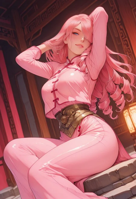 ultra realistic, masterpiece, high detailed skin, best quality, high res, very aesthetic, anime style, studio anime, source_ecchi, anime, (finely detailed face), (petite body:1.3), Sylvia, large breasts, long hair, drill hair, pink hair, hair over one eye, blue eyes, makeup, smokyeyes, lash, pink mascara, puffy lips, glossy pink lips, 1 girl, solo, anime, sexy girl, breasts overhang, large firm breast, head tilt, arms up, wearing chinese clothes, traditional chinese clothes, pink clothes, hand in hair, posing, dynamic angle, biting own lip, full body focus, realistic light, dutch angle, fom below, alluring and erotic atmosphere. depth of field, blurry soft ambient glow, dramatic scenery, intricate details, (blurry background, depth of field:1.1), erotic and aesthetic, lascivious pose, aroused, dynamic dutch angle, from side, blurry background, bright colors, stunningly artwork, sitting on a stone, wearing armor, athena suit