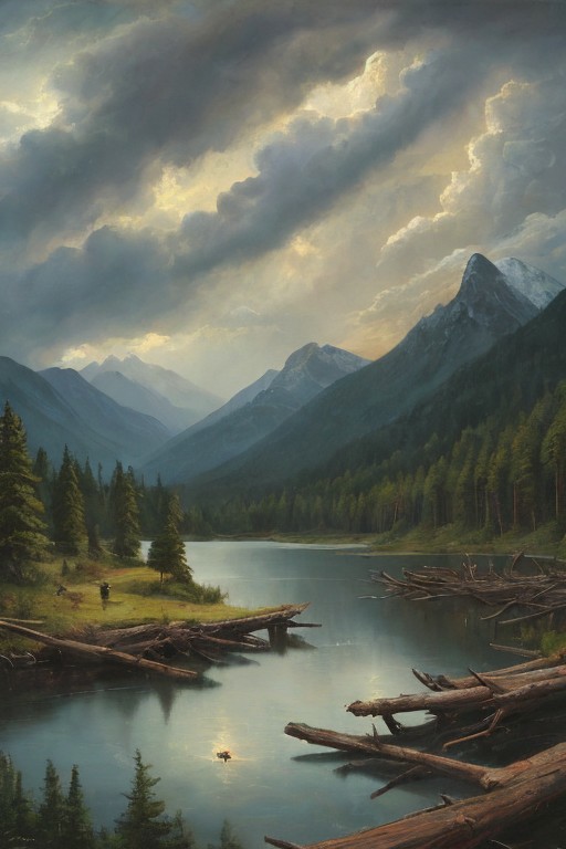 Masterpiece, high-resolution, oil painting, tall mountains, pine forest, log cabin, lake, large thunderstorm clouds in the distance