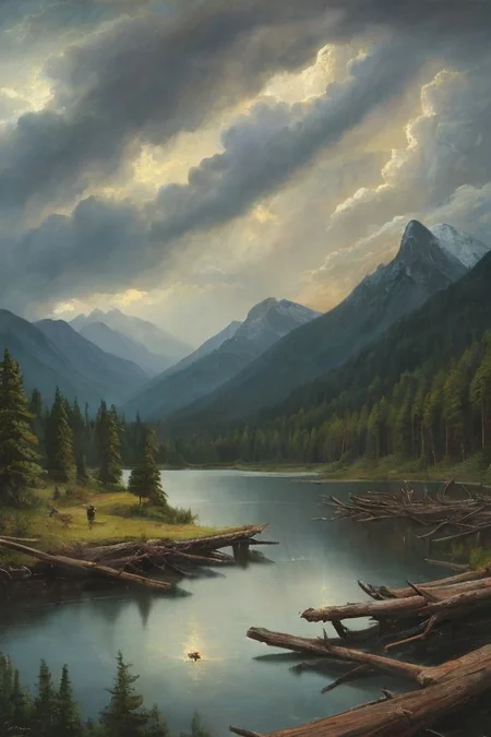 Masterpiece, high-resolution, oil painting, tall mountains, pine forest, log cabin, lake, large thunderstorm clouds in the distance