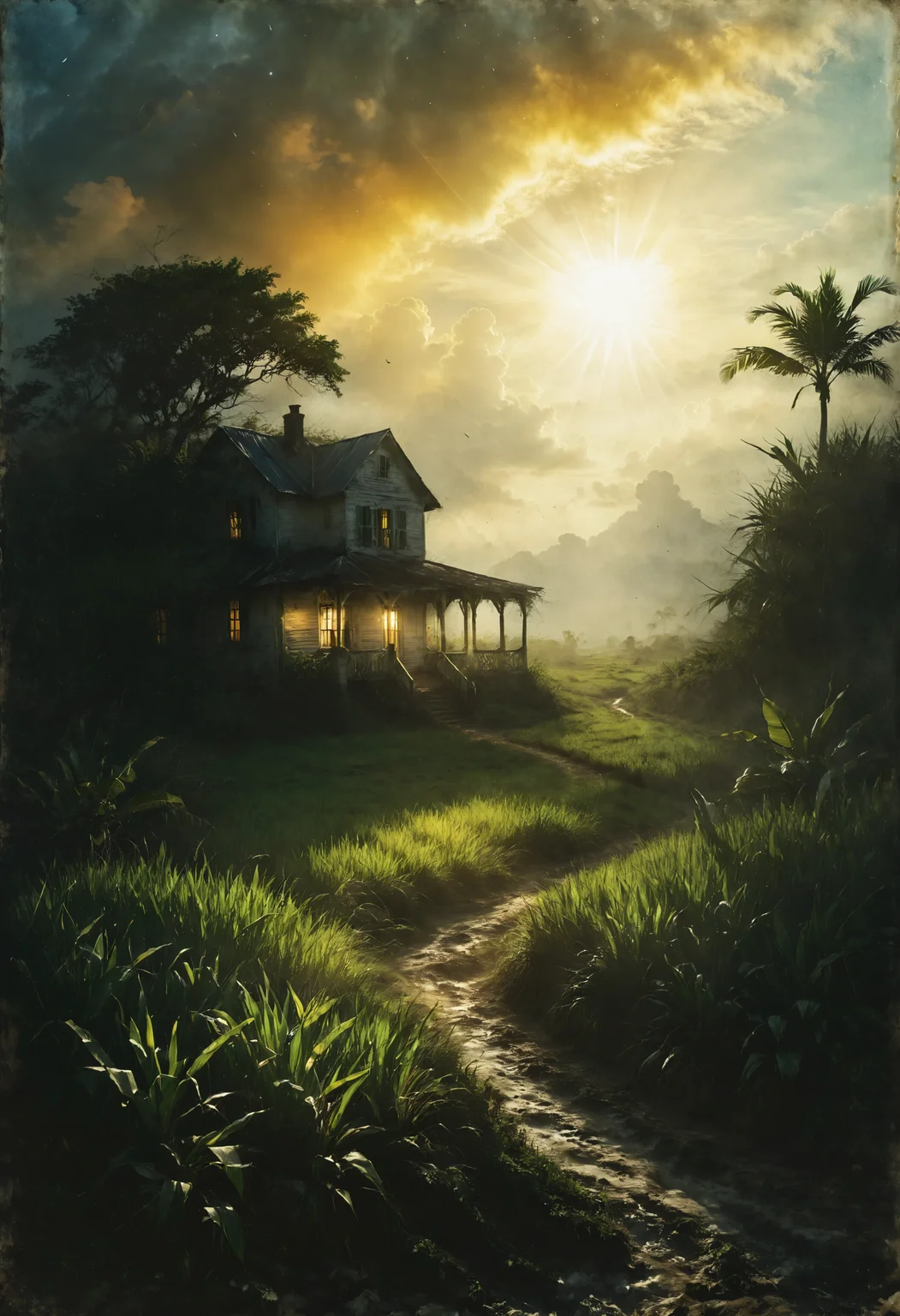 A Caribbean plantation house amidst sugar cane fields, where the trade winds carry tales of a bygone era, <lora:SDXLFaeTastic2400:0.8>, Back lighting, <lora:Desolation:0.7>, <lora:EnvyFeverDreamXL01a:0.7>