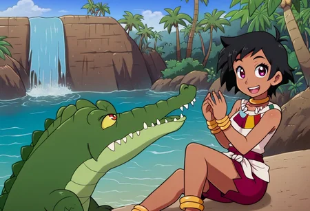 Tick tock crocodile,male animal focus,tail, crocodile , crocodile mouth open,smile ,green skin, blue eyes, Tick Tock the crocodile is giant and very huge size,teeth, crocodile swimming and submerged in the water,Tick Tock the crocodile looking Choi_mochimazzi,Choi_mochimazzi an anime girl, 1girl, looking at viewer, smile, short hair, Choi_mochimazzi sitting down on the crocodile belly,Choi_mochimazzi IS her very little size. Base - choim, short hair, black hair, red eyes, dark-skinned female,purple eyes, Base Outfit - dress, jewelry, dark skin, necklace, bracelet, wristband, neck ring, anklet, barefoot,river,palm trees, jungle, tropical _island,village, temple,Disney, waterfall,retro_anime, manga,tamako_market